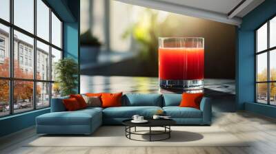 A glass of vibrant red juice on a marble countertop Wall mural