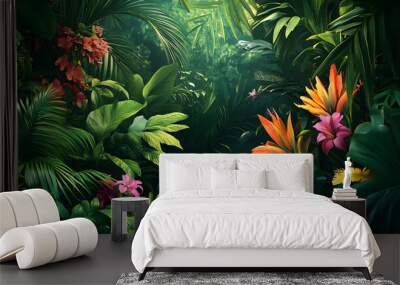 A lush jungle scene with vibrant green leaves and exotic flowers, bringing the warmth of the tropics to your screen Wall mural