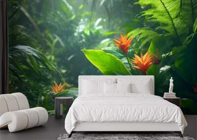 A lush jungle scene with vibrant green leaves and exotic flowers, bringing the warmth of the tropics to your screen Wall mural