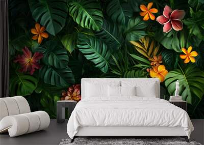 A lush jungle scene with vibrant green leaves and exotic flowers, bringing the warmth of the tropics to your screen Wall mural