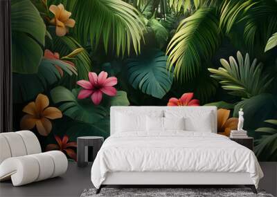 A lush jungle scene with vibrant green leaves and exotic flowers, bringing the warmth of the tropics to your screen Wall mural