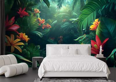 A lush jungle scene with vibrant green leaves and exotic flowers, bringing the warmth of the tropics to your screen Wall mural