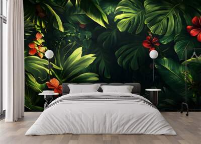 A lush jungle scene with vibrant green leaves and exotic flowers, bringing the warmth of the tropics to your screen Wall mural