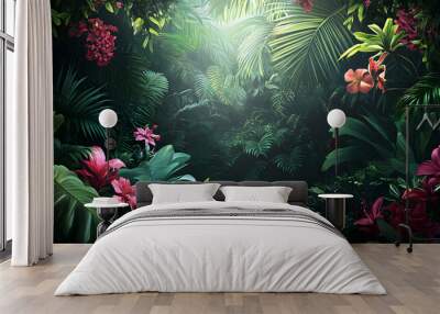 A lush jungle scene with vibrant green leaves and exotic flowers, bringing the warmth of the tropics to your screen Wall mural