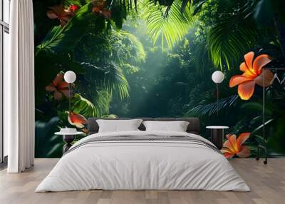 A lush jungle scene with vibrant green leaves and exotic flowers, bringing the warmth of the tropics to your screen Wall mural