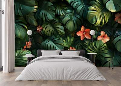 A lush jungle scene with vibrant green leaves and exotic flowers, bringing the warmth of the tropics to your screen Wall mural