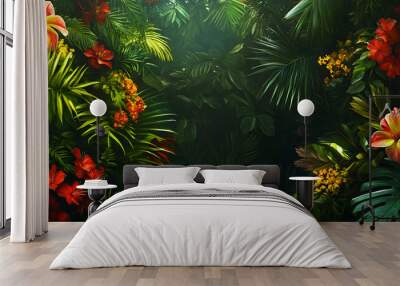 A lush jungle scene with vibrant green leaves and exotic flowers, bringing the warmth of the tropics to your screen Wall mural