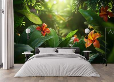 A lush jungle scene with vibrant green leaves and exotic flowers, bringing the warmth of the tropics to your screen Wall mural