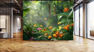 A lush jungle scene with vibrant green leaves and exotic flowers, bringing the warmth of the tropics to your screen Wall mural