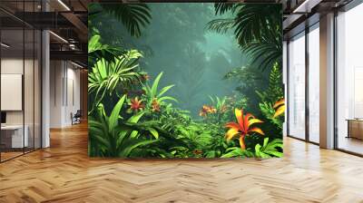 A lush jungle scene with vibrant green leaves and exotic flowers, bringing the warmth of the tropics to your screen Wall mural