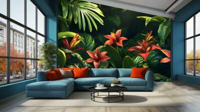 A lush jungle scene with vibrant green leaves and exotic flowers, bringing the warmth of the tropics to your screen Wall mural