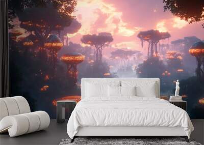 A mystical forest with glowing mushrooms, winding rivers, and floating islands, creating a magical and otherworldly feel Wall mural