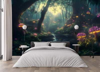 A mystical forest with glowing mushrooms, winding rivers, and floating islands, creating a magical and otherworldly feel Wall mural