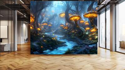 A mystical forest with glowing mushrooms, winding rivers, and floating islands, creating a magical and otherworldly feel Wall mural