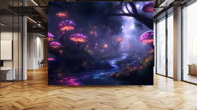 A mystical forest with glowing mushrooms, winding rivers, and floating islands, creating a magical and otherworldly feel Wall mural