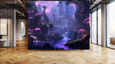 A mystical forest with glowing mushrooms, winding rivers, and floating islands, creating a magical and otherworldly feel Wall mural