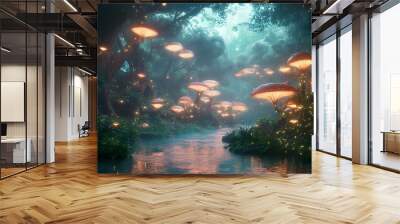 A mystical forest with glowing mushrooms, winding rivers, and floating islands, creating a magical and otherworldly feel Wall mural