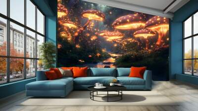 A mystical forest with glowing mushrooms, winding rivers, and floating islands, creating a magical and otherworldly feel Wall mural