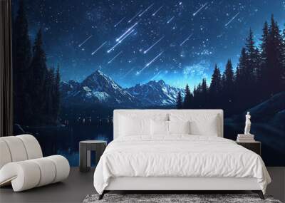 A night sky filled with shooting stars reflected perfectly in a mirror-like lake, surrounded by snowy mountains and forests silhouetted in the moonlight as meteors streak across the sky in glowing tra Wall mural