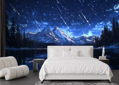 A night sky filled with shooting stars reflected perfectly in a mirror-like lake, surrounded by snowy mountains and forests silhouetted in the moonlight as meteors streak across the sky in glowing tra Wall mural