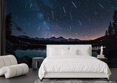 A night sky filled with shooting stars reflected perfectly in a mirror-like lake, surrounded by snowy mountains and forests silhouetted in the moonlight as meteors streak across the sky in glowing tra Wall mural