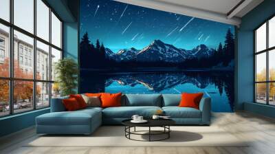 A night sky filled with shooting stars reflected perfectly in a mirror-like lake, surrounded by snowy mountains and forests silhouetted in the moonlight as meteors streak across the sky in glowing tra Wall mural