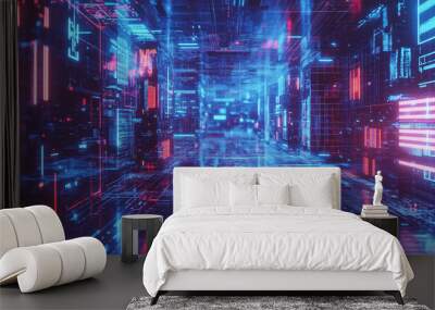 A retro-futuristic design with neon grids, VHS glitches, and pixelated elements, taking inspiration from 80s sci-fi movies and video games Wall mural