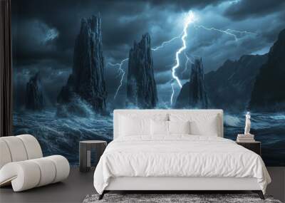 A rough ocean during a thunderstorm, with waves crashing against tall rock towers jutting out of the sea Wall mural