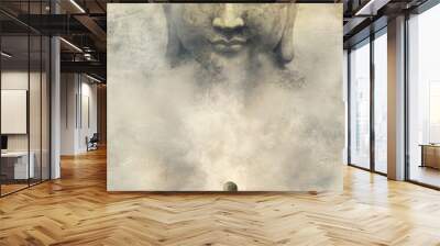 A serene scene where a monk in a vivid red robe stands with their back to the viewer, gazing up at a colossal, ethereal Buddha face that seems to form out of mist and smoke Wall mural