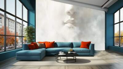 A serene scene where a monk in a vivid red robe stands with their back to the viewer, gazing up at a colossal, ethereal Buddha face that seems to form out of mist and smoke Wall mural