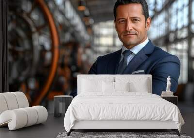 Confident Businessman with Arms Crossed in Industrial Setting Wall mural