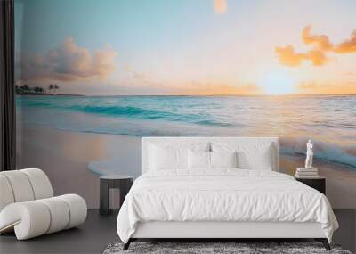 Crystal-clear turquoise waters with gentle waves lapping at a pristine beach under a golden sunset Wall mural