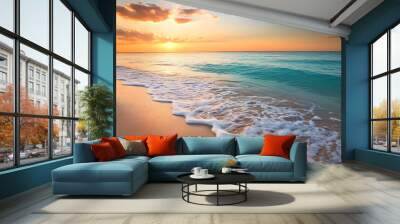 Crystal-clear turquoise waters with gentle waves lapping at a pristine beach under a golden sunset Wall mural