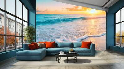 Crystal-clear turquoise waters with gentle waves lapping at a pristine beach under a golden sunset Wall mural