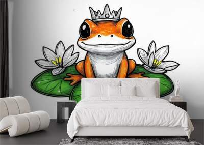 Cute Frog Prince Sitting on Lily Pads Wall mural