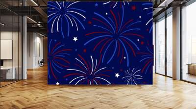 Fireworks and Stars Seamless Pattern - Festive exploding fireworks and stars filling the night sky seamless pattern in colors of red, white, blue, and navy blue Wall mural