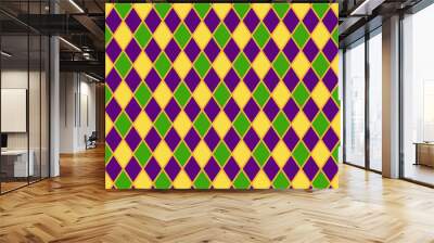 Harlequin Seamless Pattern - Classic harlequin design in Mardi Gras colors of yellow, green, and purple Wall mural