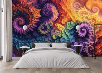 Intricate, repeating fractal patterns in vibrant colors that draw the eye into complex and mesmerizing designs Wall mural