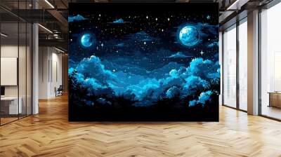 Night Sky with Two Moons and Stars over a Silhouetted Landscape Wall mural