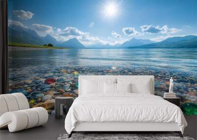 The sea is full of colorful pebbles, and the pebble beach on both sides is covered with many colored glass stones Wall mural