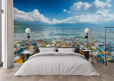 The sea is full of colorful pebbles, and the pebble beach on both sides is covered with many colored glass stones Wall mural