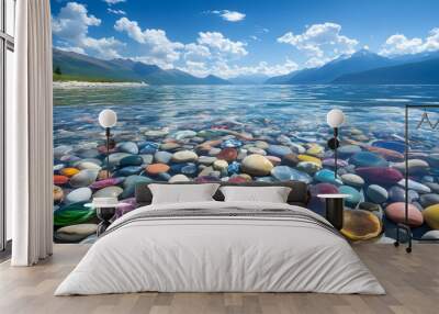 The sea is full of colorful pebbles, and the pebble beach on both sides is covered with many colored glass stones Wall mural