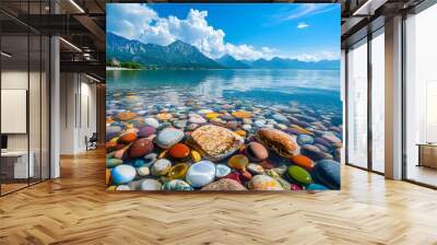 The sea is full of colorful pebbles, and the pebble beach on both sides is covered with many colored glass stones Wall mural