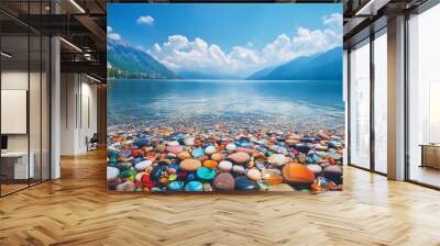 The sea is full of colorful pebbles, and the pebble beach on both sides is covered with many colored glass stones Wall mural