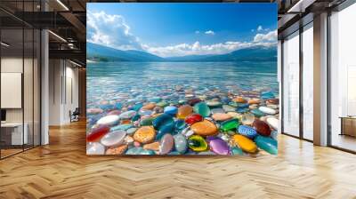 The sea is full of colorful pebbles, and the pebble beach on both sides is covered with many colored glass stones Wall mural