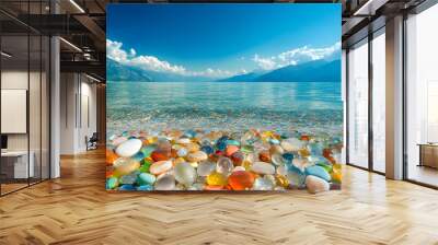 The sea is full of colorful pebbles, and the pebble beach on both sides is covered with many colored glass stones Wall mural