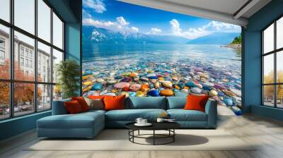 The sea is full of colorful pebbles, and the pebble beach on both sides is covered with many colored glass stones Wall mural