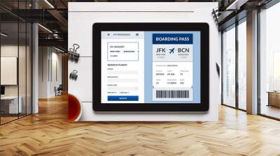 Boarding pass concept on tablet screen with office objects Wall mural