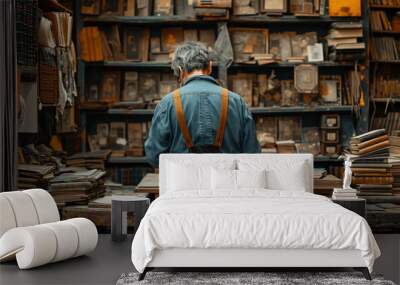 Bookbinder antiquarian bookseller restoring old books in his workshop Wall mural