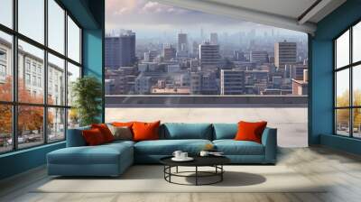 A view of a city from a rooftop, minimalistic style, cinematic perspective, urban landscape, anime aesthetic. Wall mural